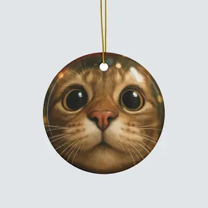 Adorable Cat Face Ceramic Ornament Cute Pet Decor Holiday Tree Decoration Personalized Gift for Cat Lovers Glossy Finish Circle Shape Christmas Gift