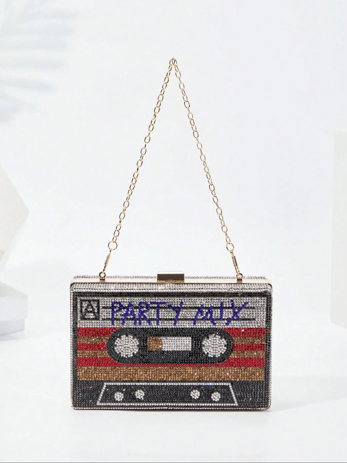 Rhinestone Decor Cassette Tape Design Bling Evening Bag, Fashionable Letter Pattern Handbag for Party, Trendy All-match & Exquisite Elegant Chain Strap Clutch Bag for Birthday Gift, Embellished Clutch, Evening Clutch Purse