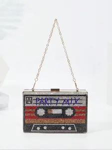Rhinestone Decor Cassette Tape Design Bling Evening Bag, Fashionable Letter Pattern Handbag for Party, Trendy All-match & Exquisite Elegant Chain Strap Clutch Bag for Birthday Gift, Embellished Clutch