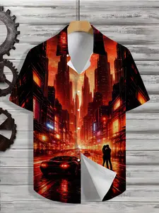 3D Blue Raindrop and Beige Leaf Pattern Men’s Summer Shirt  Hawaiian Style， Perfect for Beach， Vacation， Slight Stretch， Casual Comfort