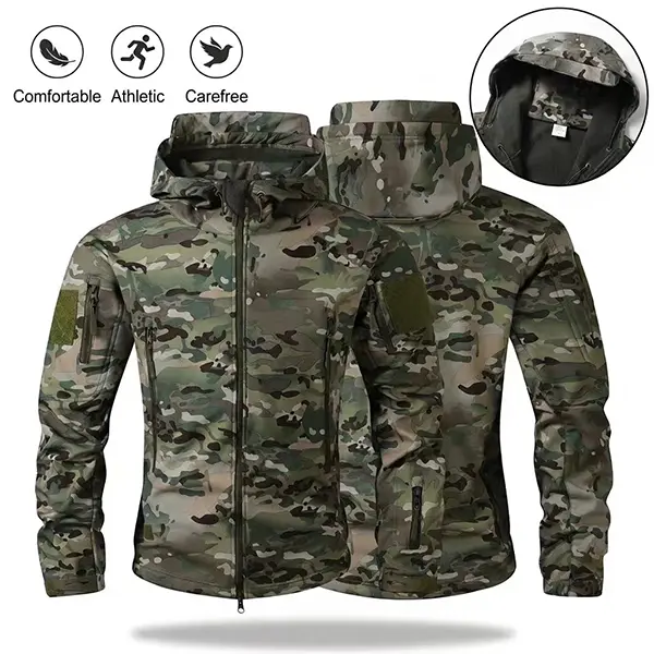 1 piece men’s camouflage print softshell jacket with hood, camouflage pattern design, metal zipper pockets and Velcro component decorations, workwear fit, suitable for spring and autumn, ideal for holiday trips, outdoor walks, and everyday commuting acros
