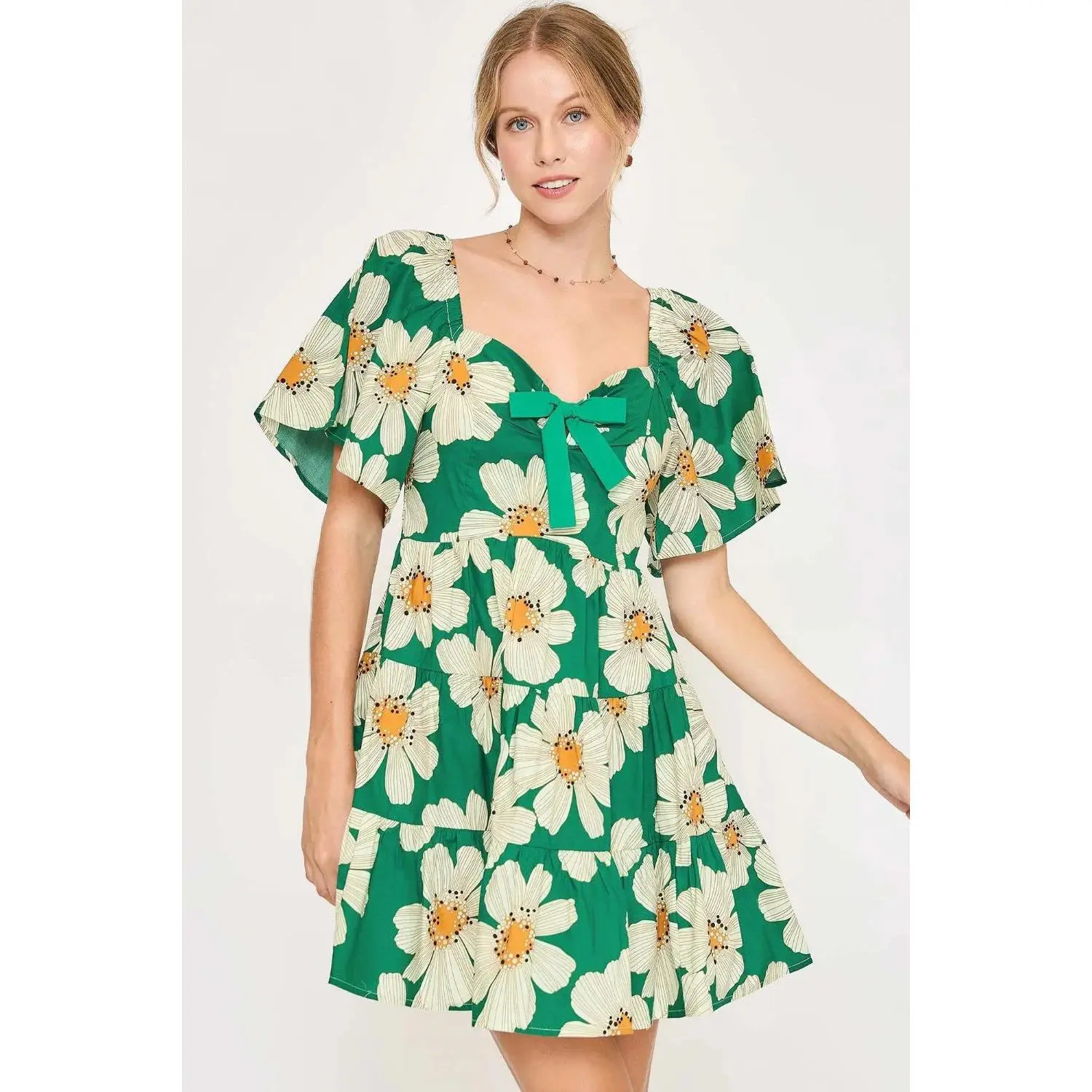 Umgee Full Size Daisy Print Mini Dress with Ribbon Details Plus Size