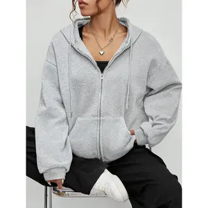 Women’s solid-color fashion loose-fit hooded sweatshirt with drawstring and zipper, autumn and winter casual kint style, thick fabric pullover jacket