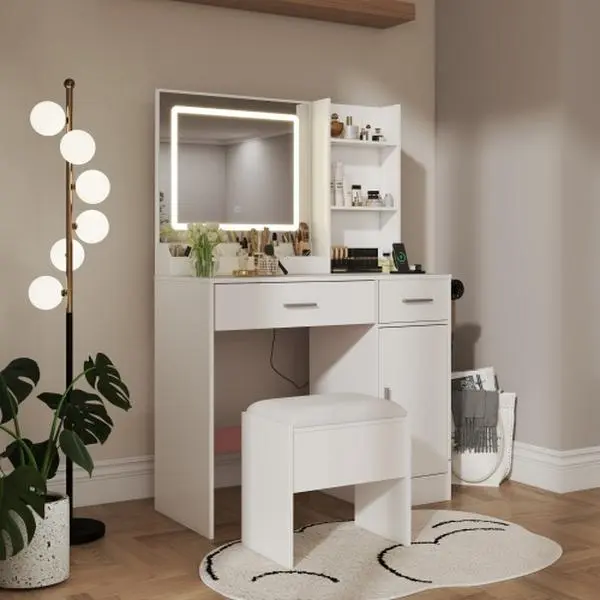 Bellemave Modern MDF Wood Makeup Vanity Desk Set - Modern, Stylish, Illuminated, Drawer-Style, Luxury Makeup Vanity with Wide-Screen LED Mirror, Stool, Built-In Power Socket, 2 Drawers, 6 Shelves, Spacious Indoor Furniture, Modern Makeup Vanity, Stylish M