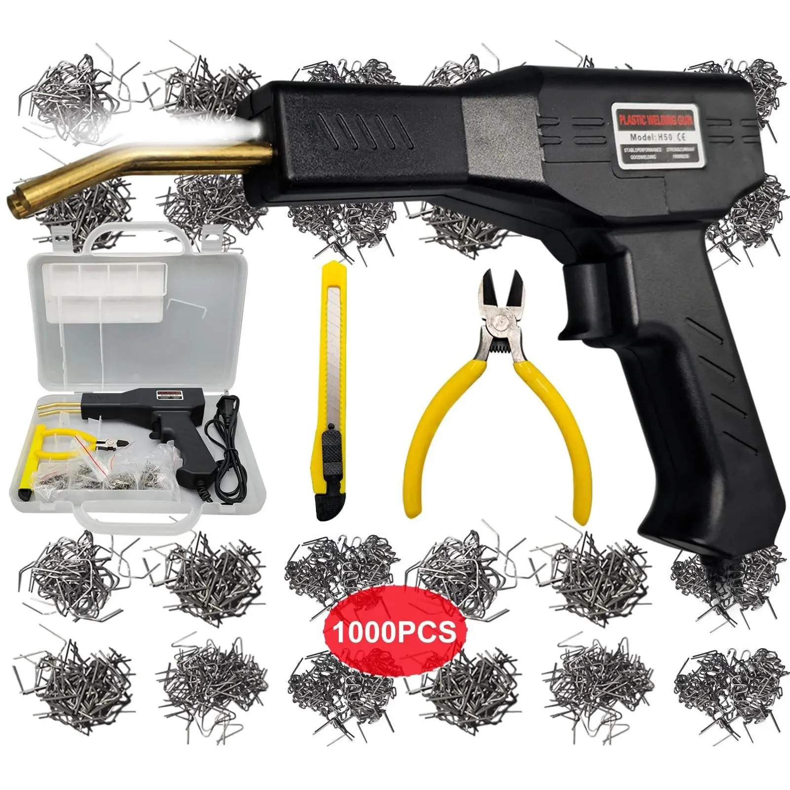 2-in-1 150W Plastic Welding Machine Hot Stapler Complete Crack Repair Kit, All-in-1 Package Great Value Kit with Pliers, 1000 Staples, 2 Smoothing Heads, 8 Welding Rods, Carrying Case for Professional Plastic Fix