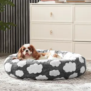 Orthopedic Donut Pet Bed for Cats & Small Dogs, Round Calming Indoor Bed with Detachable Washable Cover, Soft Jacquard Plush & Anti-Slip Base