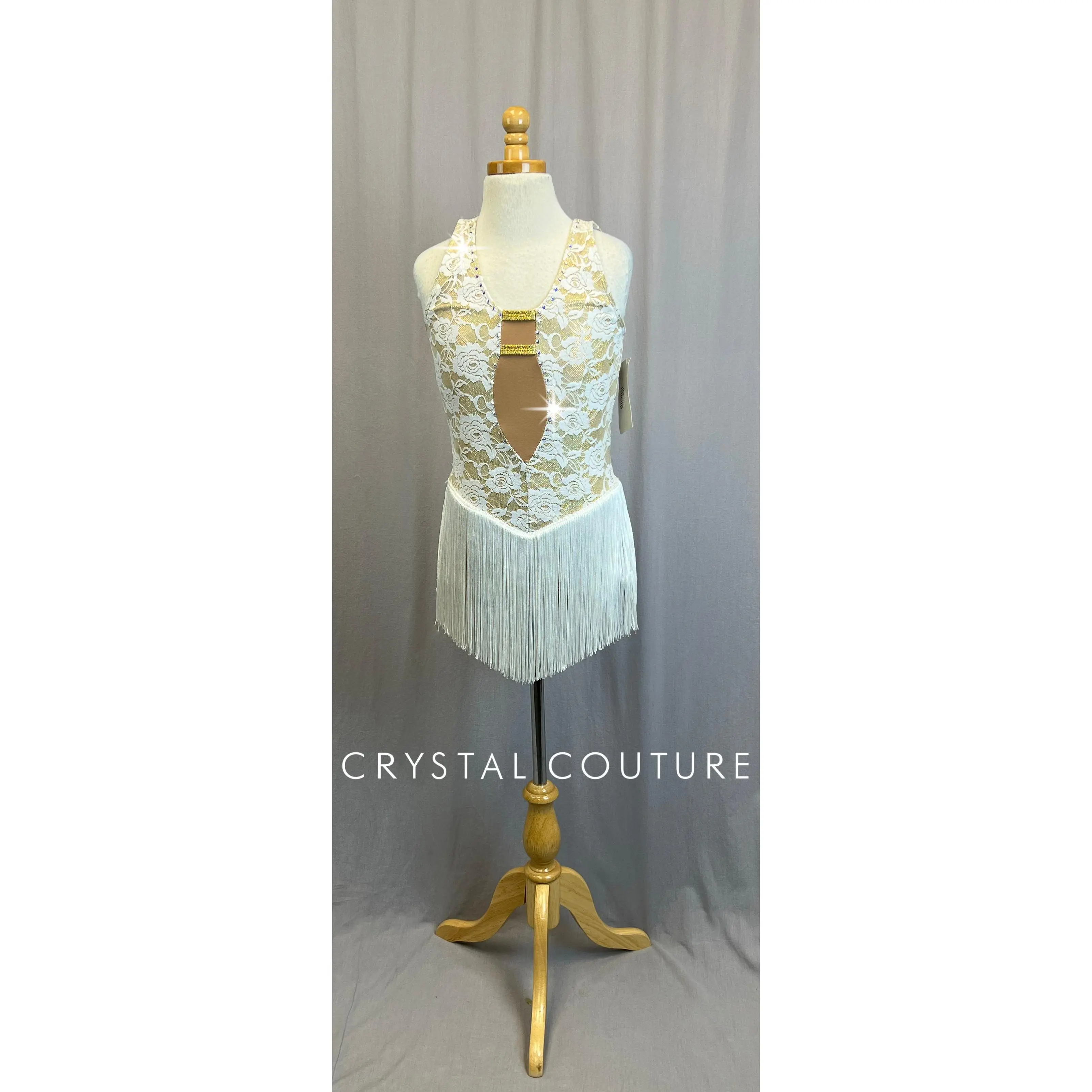 *Brand New* Gold and Ivory Lace and Fringe Leotard  - Rhinestones