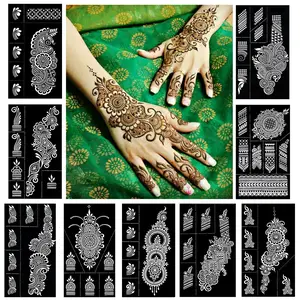 Reusable Henna Tattoo Stencils Kit, Mehendi Stencils for Hands Forearm Glitter Airbrush DIY Tattooing Template,9 Sheet Indian Temporary Tattoo Stickers for Women Girls（8.2" x 4.7"）