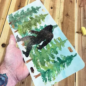 Watercolor Big Foot Sasquatch Aluminum License Plate - Funny Sasquatch Metal Car Plate 6x12 - Novelty Vanity Tag for Front Bumper - Nature & Mountain Decor Accessory