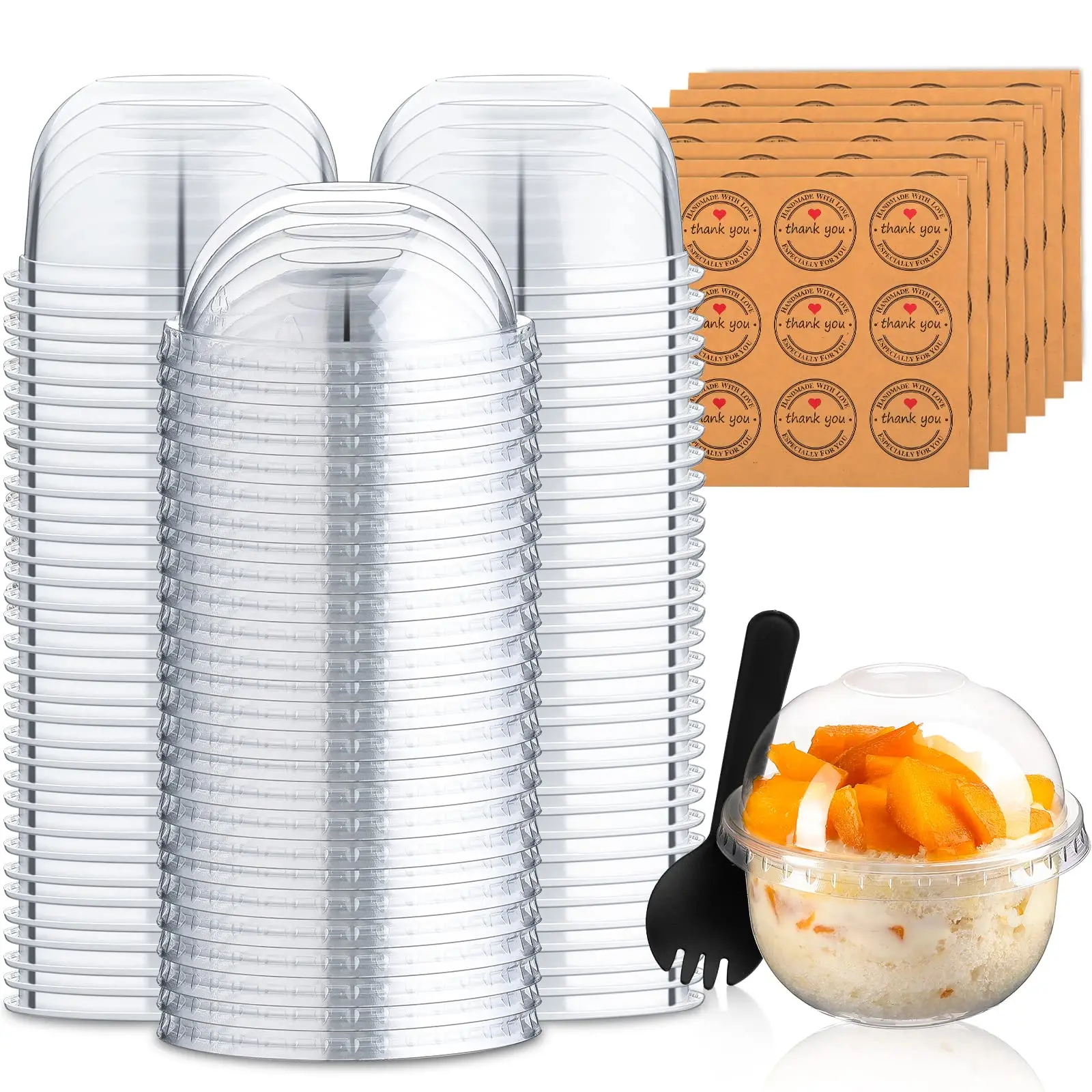 50 Pack Dessert Cups with Dome Lids Disposable Plastic Cups with Lids Clear Pet (No Hole), Sporks and Stickers for Plastic Fruit, Cake and Mini Snack Bowls(9 oz,Simple Cup)