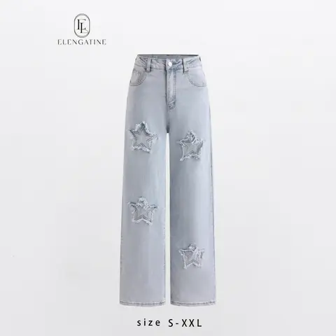 Women's Elengatine Star Patch Baggy Denim Jeans - Y2K 2000s Throwback High-Waisted Wide Leg Pants, Distressed Star Embellished, Retro Streetwear Aesthetic, Loose Fit, Comfortable Pants for Women, Spring Summer Daily Wear