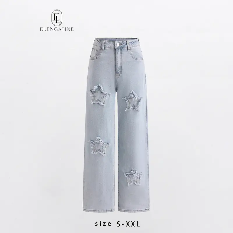 Women's Elengatine Star Patch Baggy Denim Jeans - Y2K 2000s Throwback High-Waisted Wide Leg Pants, Distressed Star Embellished, Retro Streetwear Aesthetic, Loose Fit, Comfortable Pants for Women, Spring Summer Daily Wear