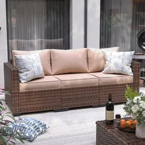 Spring Greenish 3-Seat Patio Wicker Sofa, Outdoor Rattan Sectional Couch Furniture Steel Frame w/Furniture Cover Non-Slip Cushion and Deep Seating High