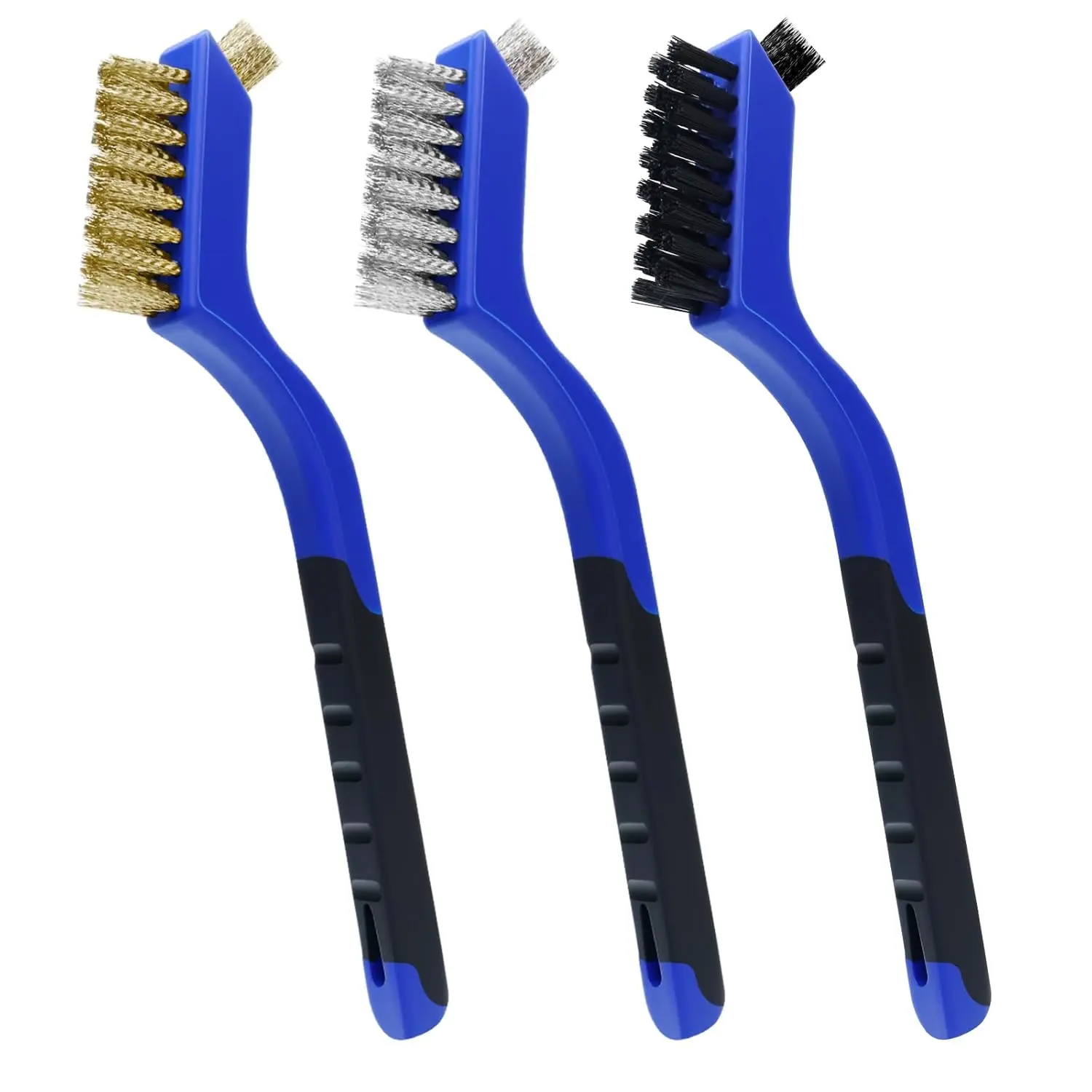 Wire Brush Set for Cleaning Rust, 7 Inch Stainless Steel/ Brass/ Nylon Brush for Cleaning Welding Slag,  and Dirt Removal (3 Pcs Blue, 7 Inch)