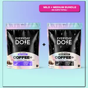 Everyday Dose Coffee+ Mild and Everyday Dose Coffee+ Medium Roast Beverage | Coffee Blend with Lion's Mane, Chaga, L-Theanine, and Collagen Protein | 14 Serving