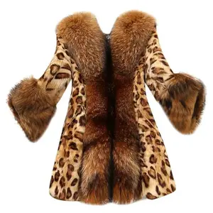 New women’s autumn–winter faux fur mid-length jacket with a leopard print and faux racoon collar, made from artificial wool—warm and casual, pairs well with a raincoat GARMENTARY
