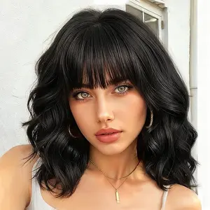 Short Black Wig with Bangs Bob Curly Wavy Hair Wigs for Women 14 Inch Shoulder Length Style Wig Synthetic Heat Resistant Wig for Everyday Hairstyle