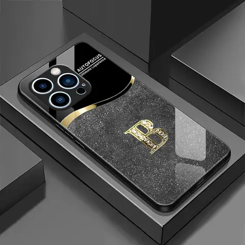 Glass Casing for iPhone 15 Pro Max Smartphone, High-End Flashing Letter Design, Business-Style Metal-Painted Electroplated Cellphone Accessory, Affordable Anti-Fall Anti-Fingerprint Protection Case