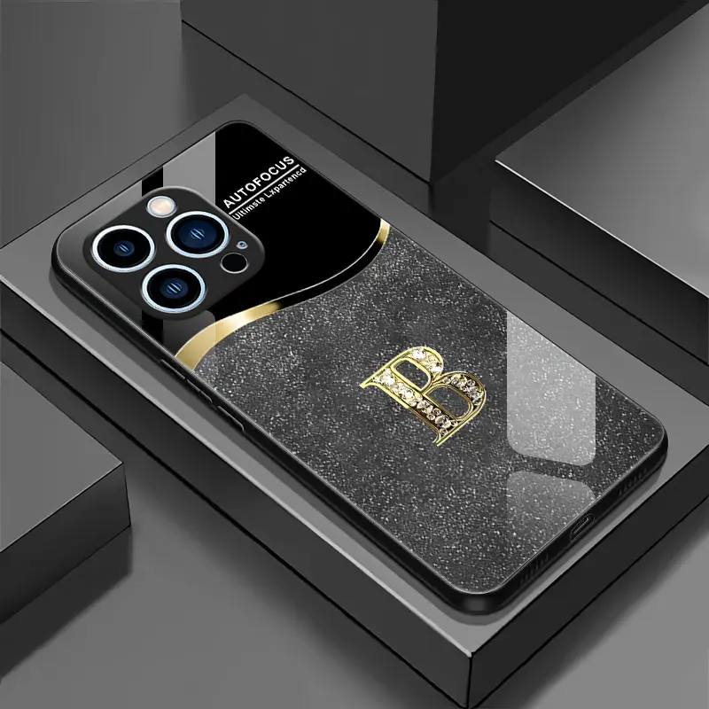 Glass Casing for iPhone 15 Pro Max Smartphone, High-End Flashing Letter Design, Business-Style Metal-Painted Electroplated Cellphone Accessory, Affordable Anti-Fall Anti-Fingerprint Protection Case