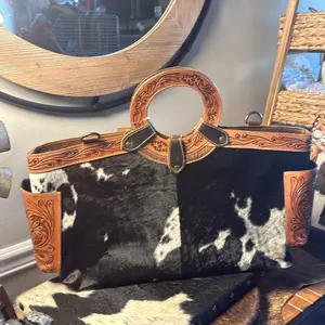 Cowhide Leather Tote Bag with Circle Handle
