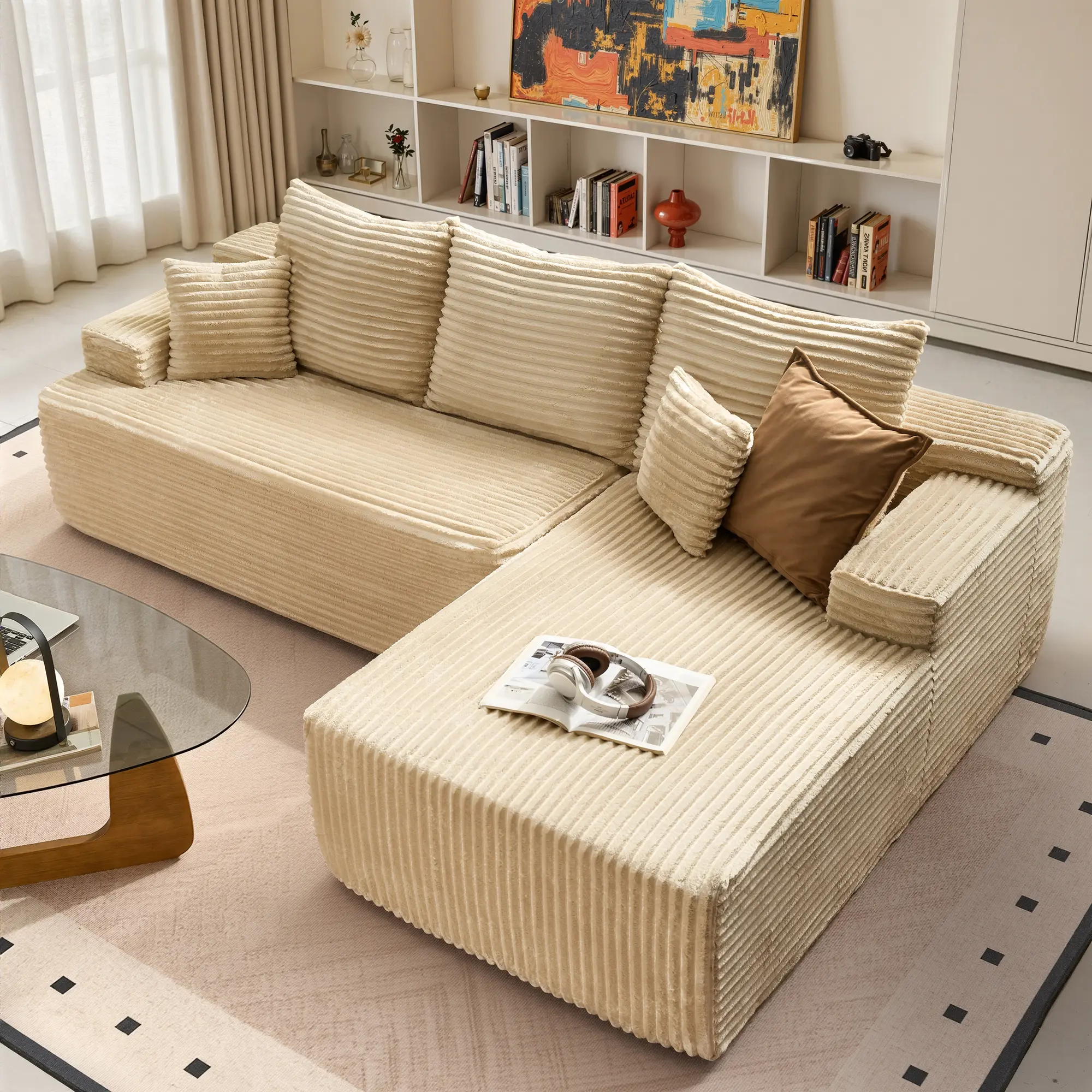 97" Beige L-Shaped Sofa Right Chaise 2
