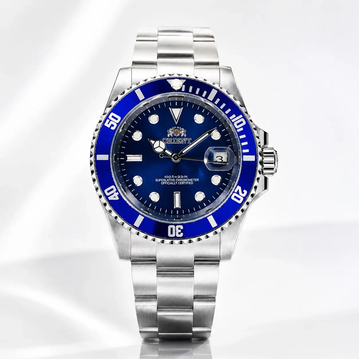 qweOrient Men's Automatic Mechanical Watch - Blue Bezel Submariner Style, 100m Water Resistance, Date Display, Luminous Hands/Markers, Stainless Steel Bracelet, Business Watch