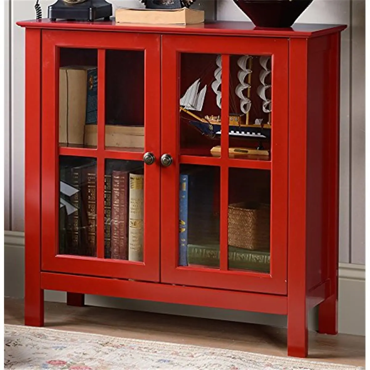 212 MAIN High-Quality Hinged Glass Doors Cabinet - Antique Brass Details, Heavy-Duty Hinges, Red Accent & Display Box Cabinet for Living Space Enhancement, Glass Doors Cabinets