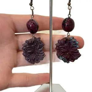 Polymer Clay Earrings Big Floral Design with Matching Bead Attachment Dark Purple Color and Detailed Flower Shape
