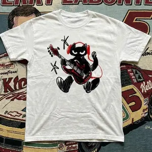 Funny Cat Playing Bass Guitar Baby Tee, Musician Graphic Tee – Y2K Vintage Cartoon Aesthetic Top