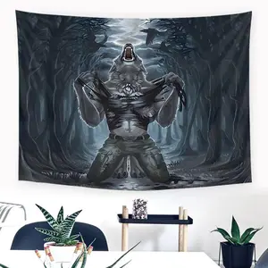 Wolf Man Tapestry, Fantasy World Tapestry, Surreal Wolf in Full Moon Transformation Folkloric Tapestry, Wall Hanging for Bedroom Living Room Dorm Decor, Durable Decorative Tapestry
