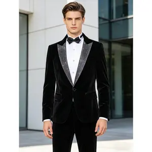 Men's Black Velvet Tuxedo 2-Piece Suit, Rhinestone Shawl Lapel Blazer & Trousers Set