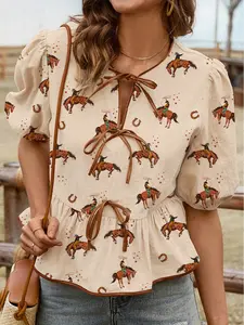 Women's Retro Cowboy Print Puff Sleeve Blouse, Bowknot Tie Neck Peplum Hem Casual Western Top, Rodeo Style Fashion Shirt