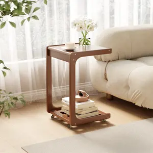 【Summer】TimberKnows C-Shaped End Table for Sofa and Bed, Solid Wood Side Table with Casters, Compact C Table for Living Room, Couch, or Bedroom Use