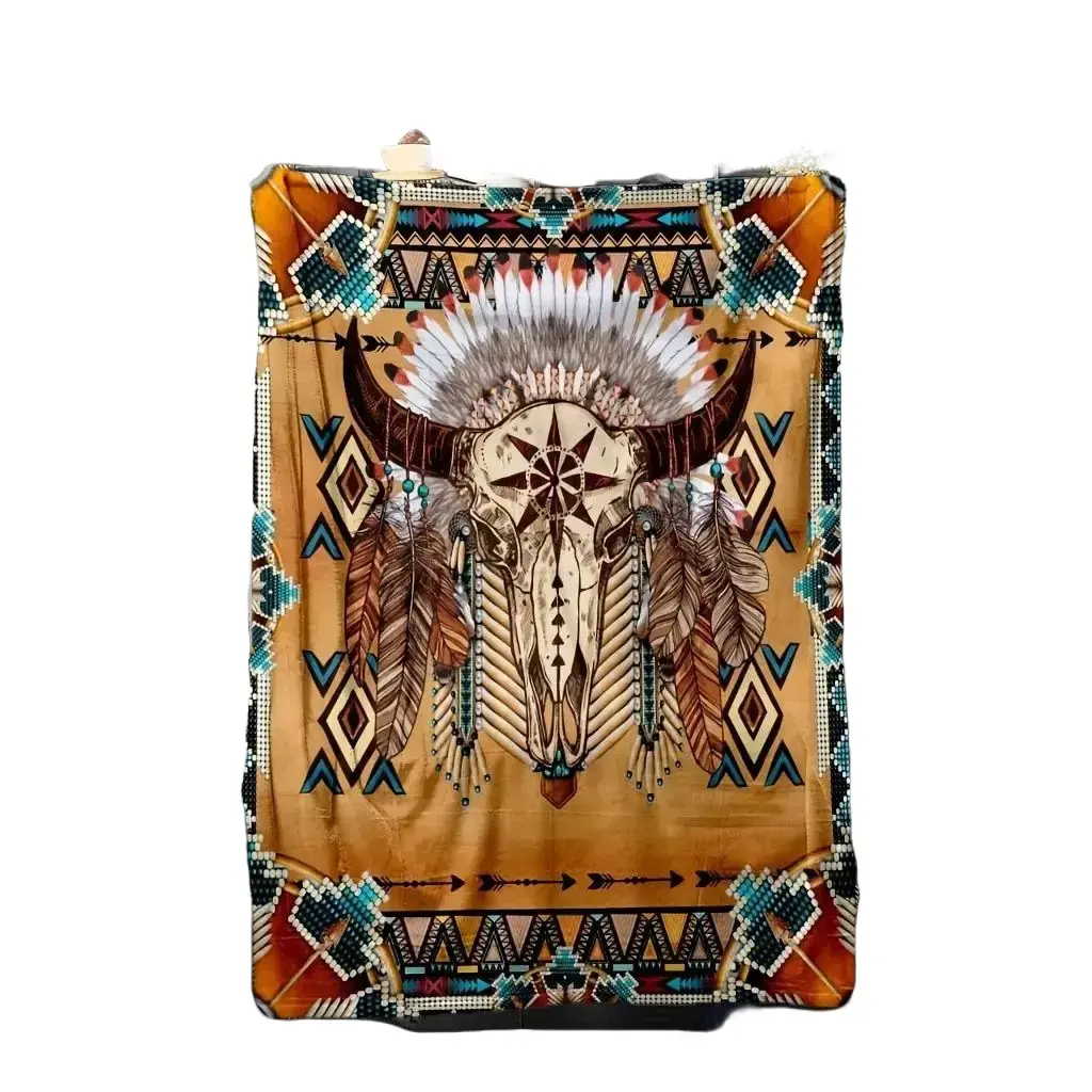 FRANALA Bohemian style blanket cow bone blanket with Native American tribal pattern, feather geometric pattern durable machine washable suitable for home decoration and daily use, all seasons blanket retro geometric design comforta