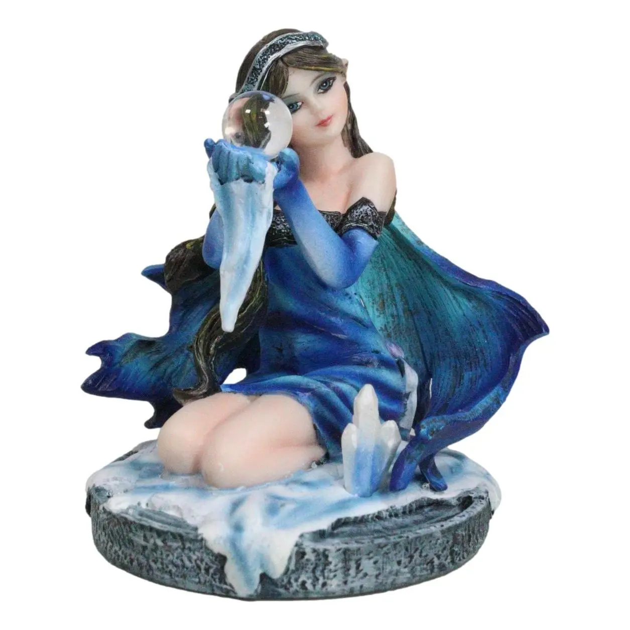 Kneeling Blue Artic Frozen Ice Princess Fairy with Crystal Ball Small Figurine