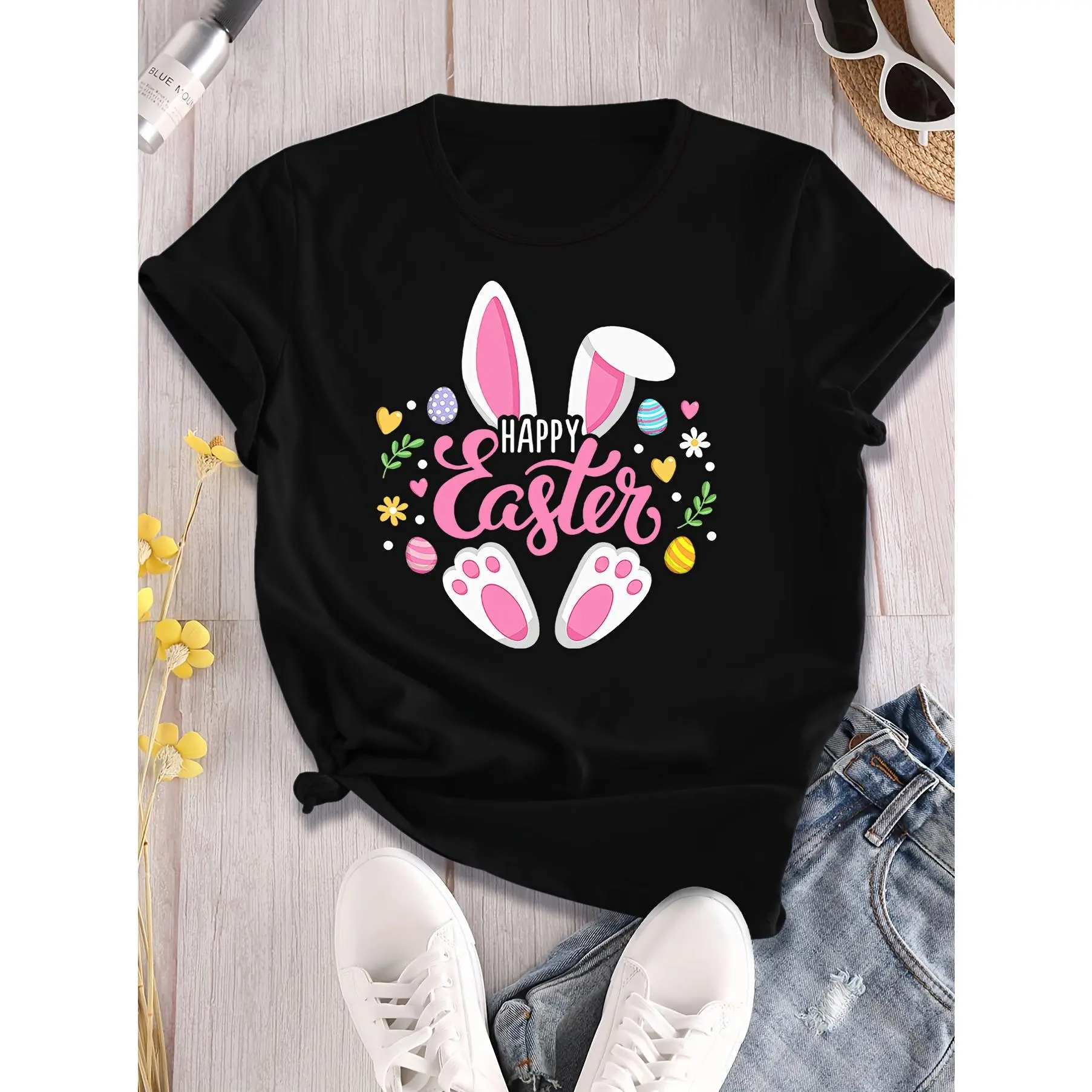 Directional Easter, Faceless Alphabet Rabbit GASTER Printed Crewneck T-shirt, Athleisure everyday top, Women'S wear