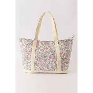 Yellow floral plaid tote bag