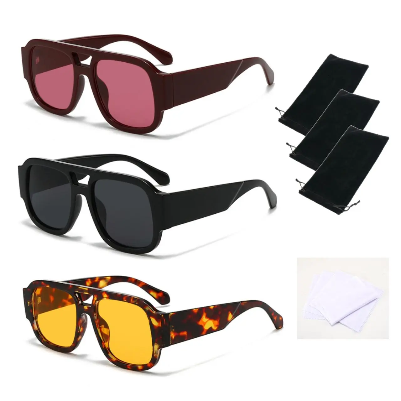 3Pcs Retro Polarized Aviator Sunglasses Womens Mens Trendy Vintage Fashion 80s 90s Pilot Shades Large Bold Thick Square Frame UV Protection  Lenses