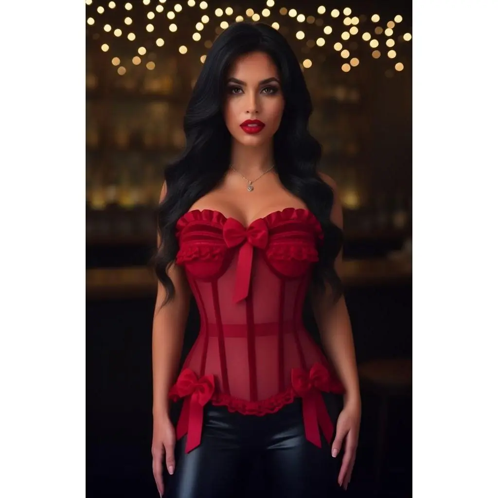 Top Drawer Steel Boned Dark Red Mesh & Velvet Underwire Bustier Corset