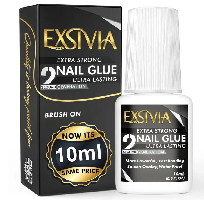 Super Strong Nail Glue for Press On Nails, Acrylic Nails & Nail Tips (10ml) Exsivia NailBond, Extra Strength Long Lasting Brush-On Adhesive, Mess-Free, No Dehydrator or Primer Needed