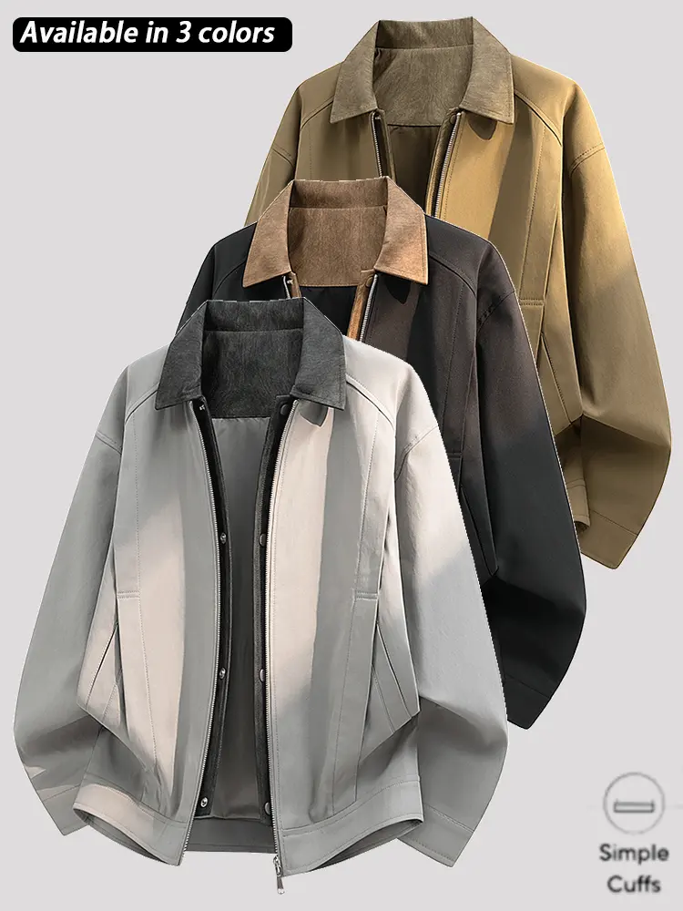 Men's Casual Full-Zip Polyester Jacket - Turn-Down Collar, Plain Finish, Smooth Fabric, Relaxed Fit, Side Pockets, Lightweight Long-Sleeve Streetwear Coat for Spring/Fall Urban Commuter Daily Use (Khaki, Black, Light Gray)