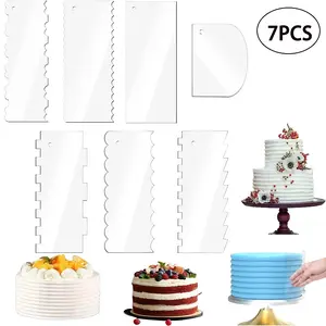 7pcs Acrylic Cake Scraper Set Large Cake Icing Smoother Scraper Frosting Comb Transparent Edger Stripes Contour Pastry Cutter for DIY Mousse Butter Cream Cake Decoration Bakeware Thick