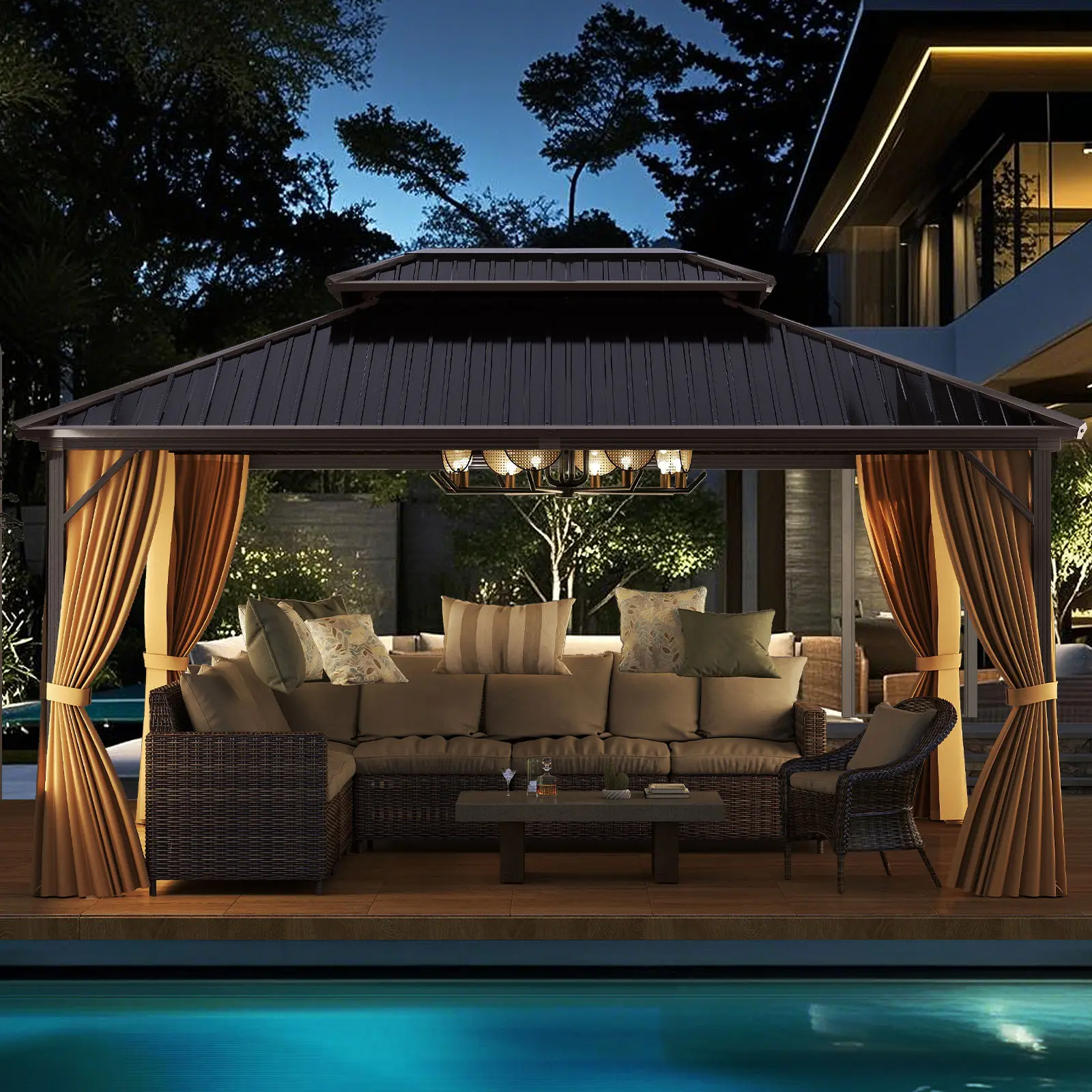 COSTWAY - 16 x 12 Feet Hardtop Gazebo Aluminum Frame Permanent Pavilion with Curtains and Netting-Coffee
