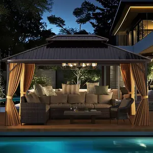 COSTWAY - 16 x 12 Feet Hardtop Gazebo Aluminum Frame Permanent Pavilion with Curtains and Netting-Coffee