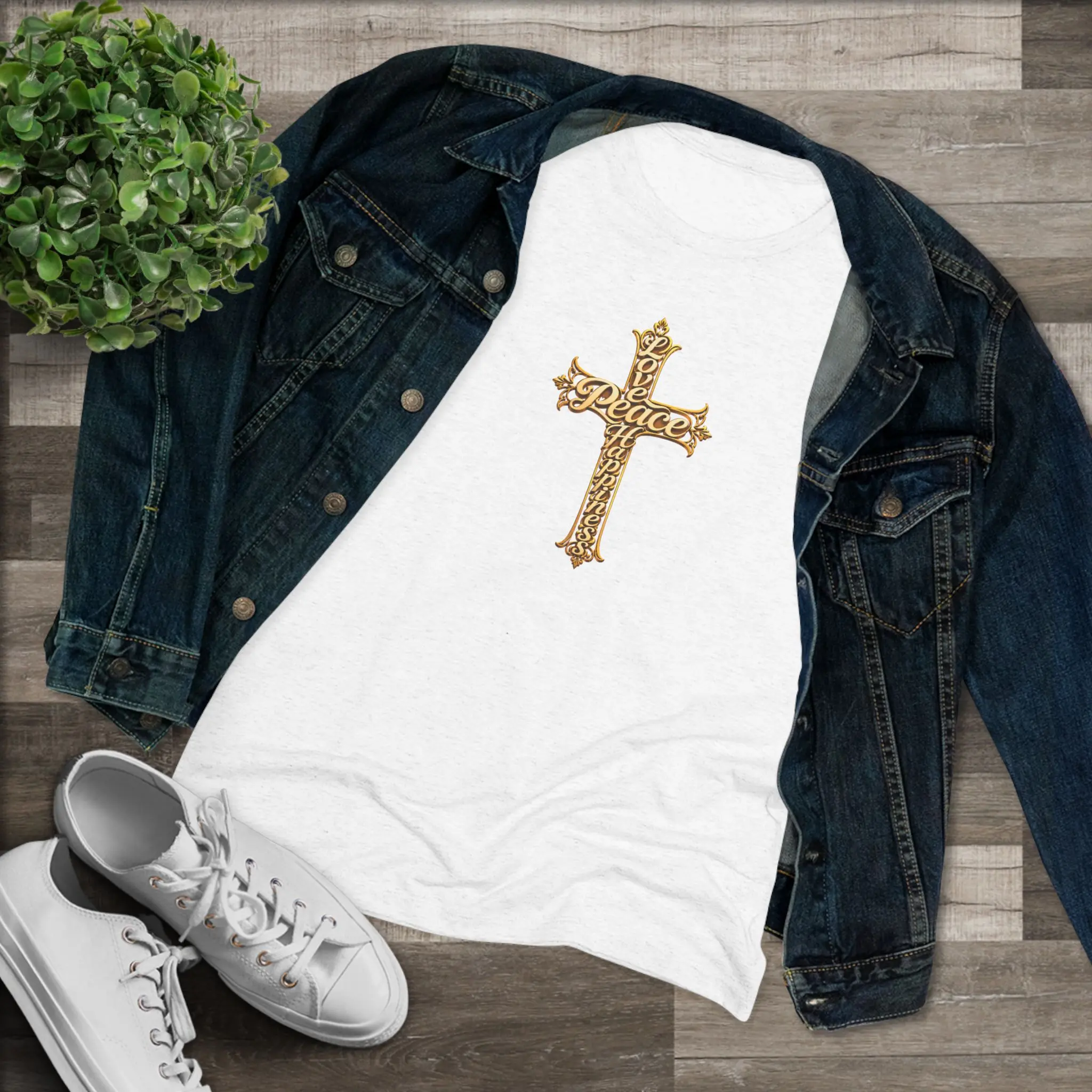 Women's Ornate Gold Cross Tee - Soft Lightweight Rayon Triblend, Slim Fit Modest Christian Graphic Top, Jeans, Drape, Fabric, Cardigan, Breathable, Casual, Everyday, Skirt, Cotton