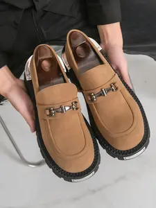 Men's Suede Loafers Thick Rubber Sole Casual Flat Shoes, Wear-Resistant Fashionable All-Match Design, Stylish Buckle Fastening for Comfort & Durability