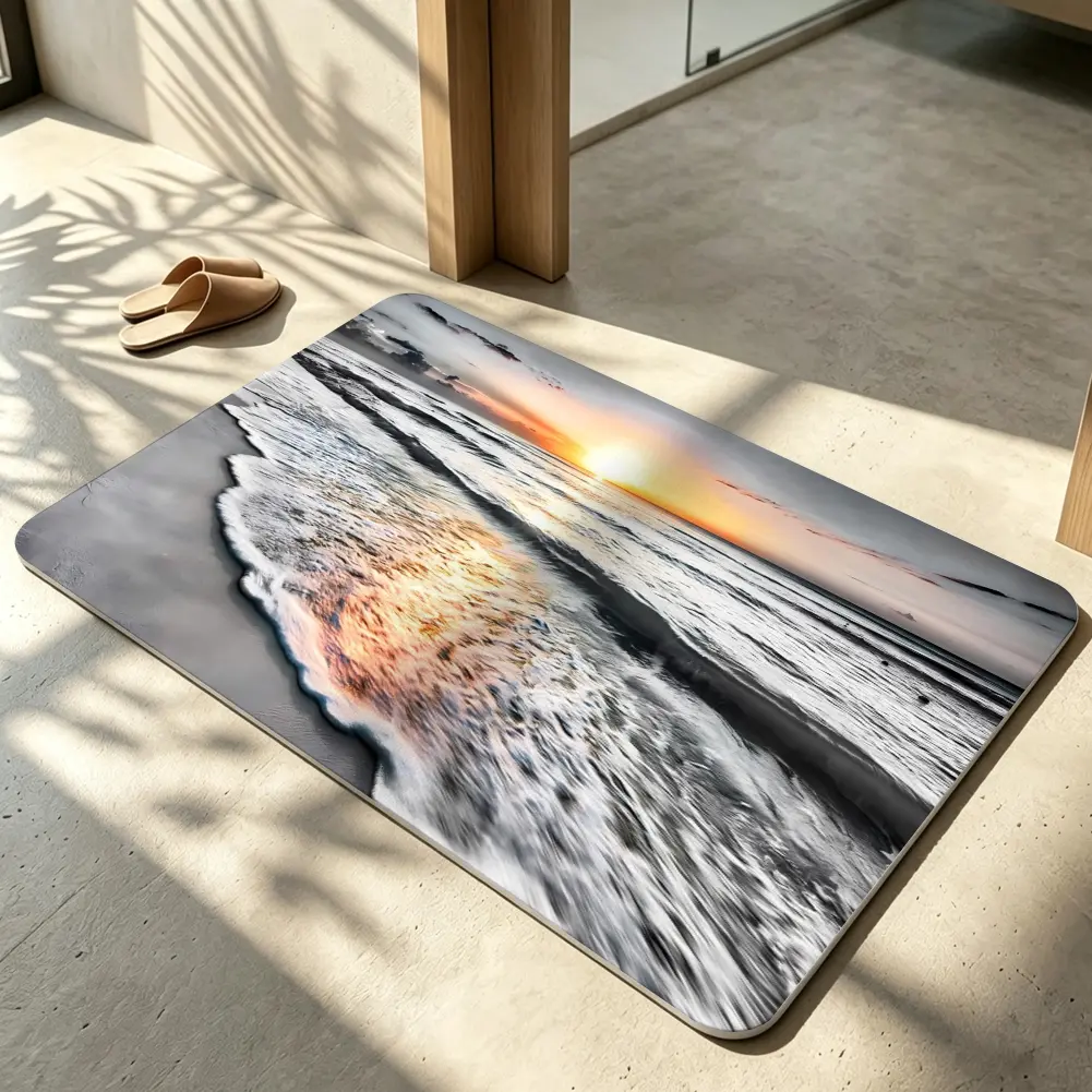 Impressionist Coastal Waves Rectangular Washable Rug - Non-Slip Multi-Size Entryway Floor Mat, Relaxing Seascape Home Decor for Living Room
