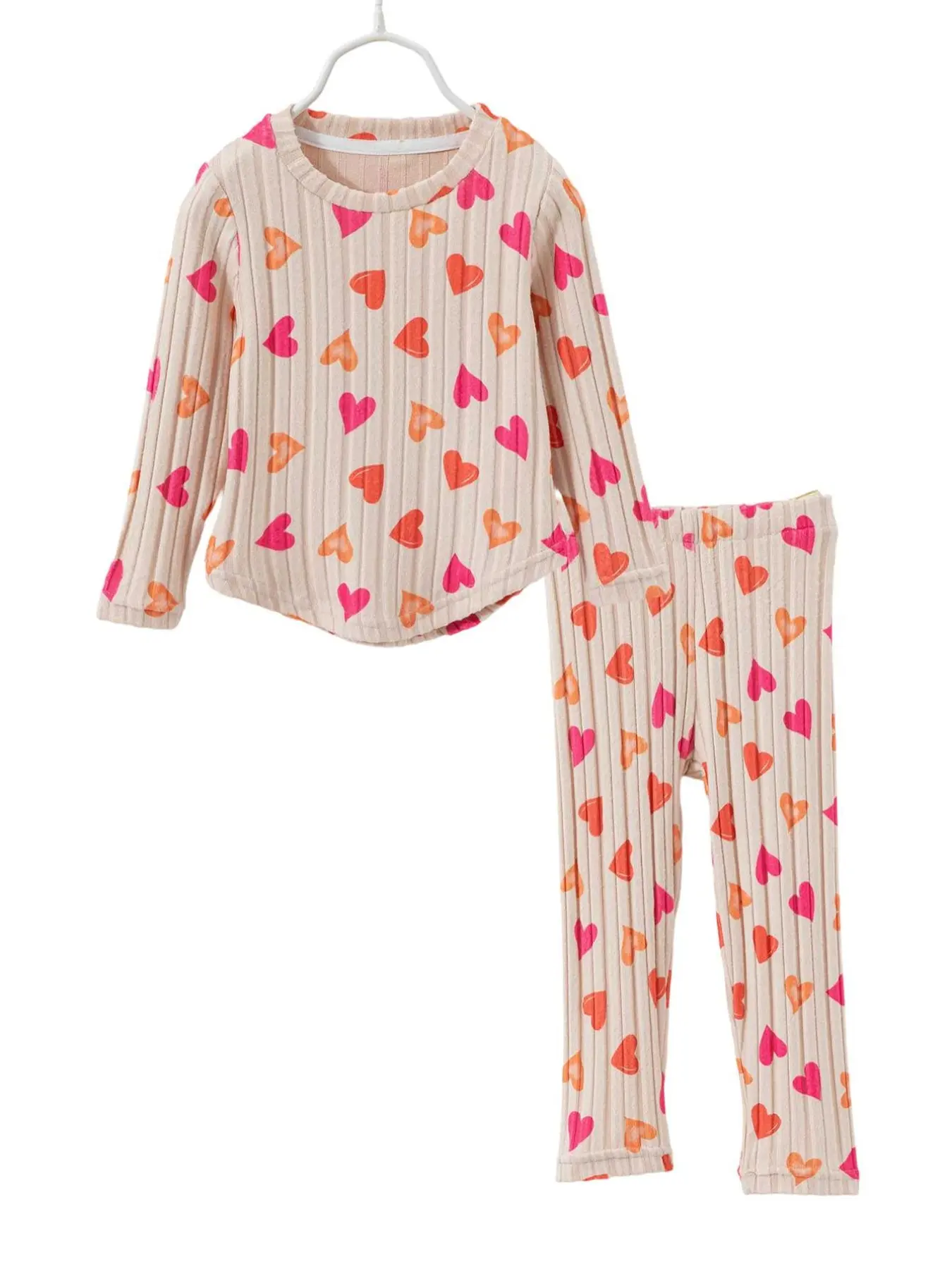 Girls' Fashion Long Sleeve Sweatshirt & Pants Set, Cute Heart Print, Striped Pattern, Fitted Style, Perfect for Fall & Winter