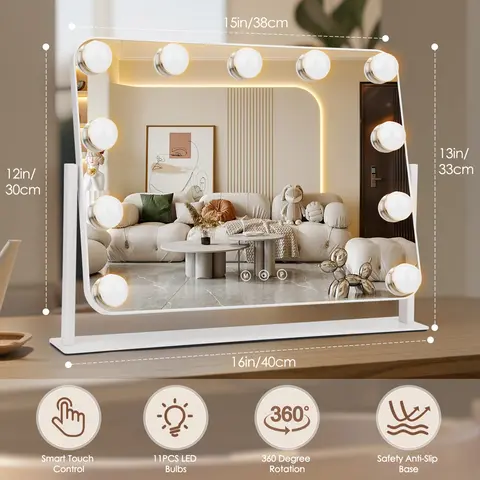 11-LED Glow Lighted Makeup Mirror - 360° Rotatable, 3 Light Modes, 5x Magnification, Dimmable Hollywood Style, Metal Switch, Glowing LED Tabletop Vanity, Home Decorative Mirror, Room Decor, Sohochic