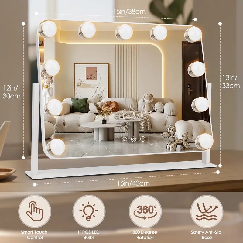 11-LED Glow Lighted Makeup Mirror - 360° Rotatable, 3 Light Modes, 5x Magnification, Dimmable Hollywood Style, Metal Switch, Glowing LED Tabletop Vanity, Home Decorative Mirror, Room Decor, Sohochic
